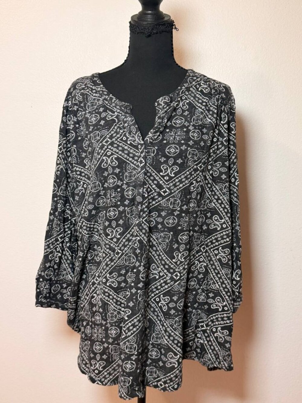 Lucky Brand Black Bandana Print Boho Tunic Top Peasant Style 2X